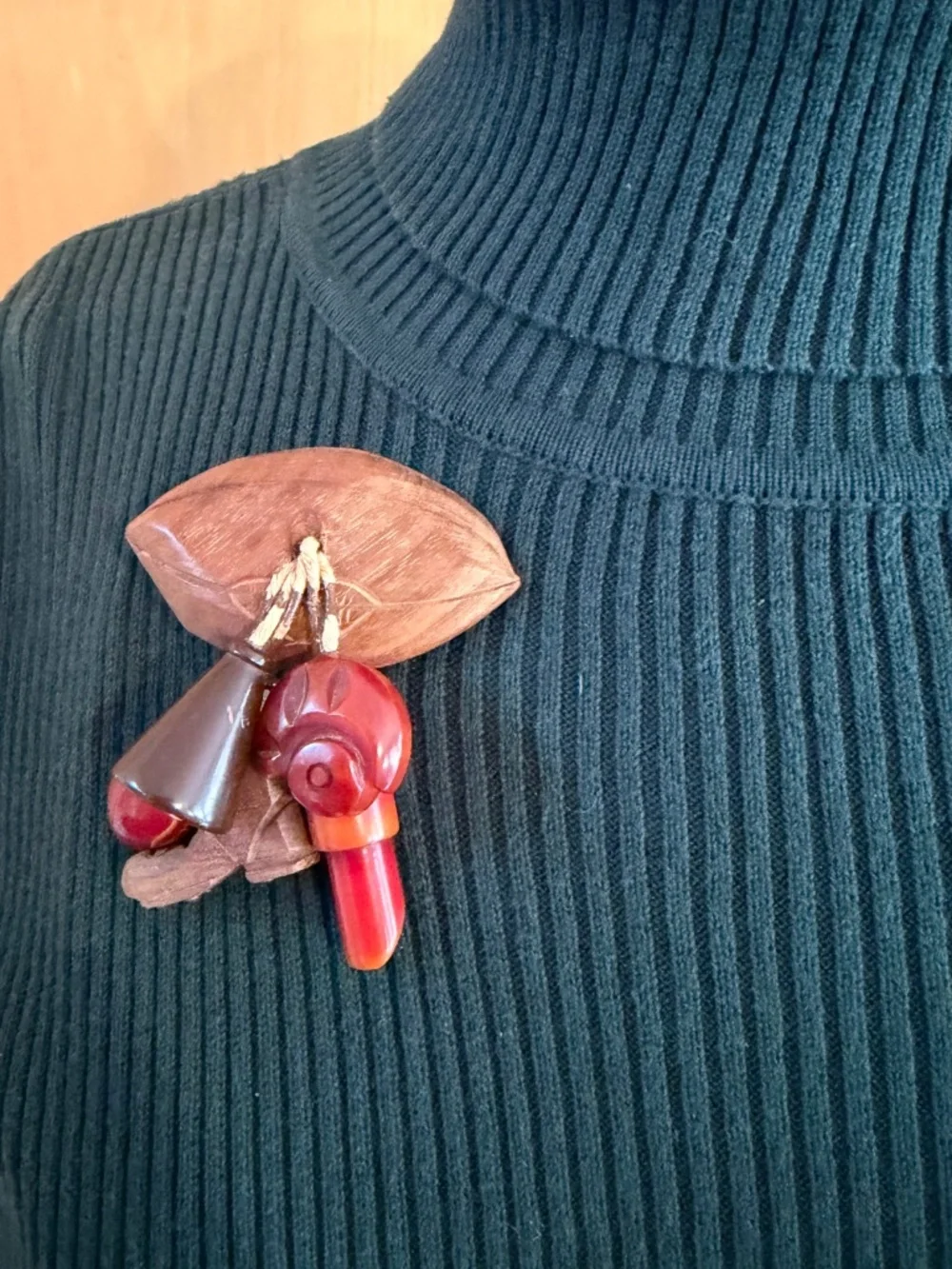 Rare Vintage 1940's Bakelite & Carved Wood Varsity Sports Figural Dangle Brooch